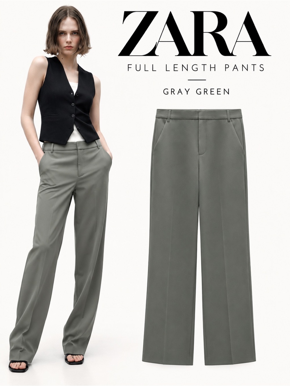 ZARA Gray Green Full Length Straight Leg Pants NWT Size S